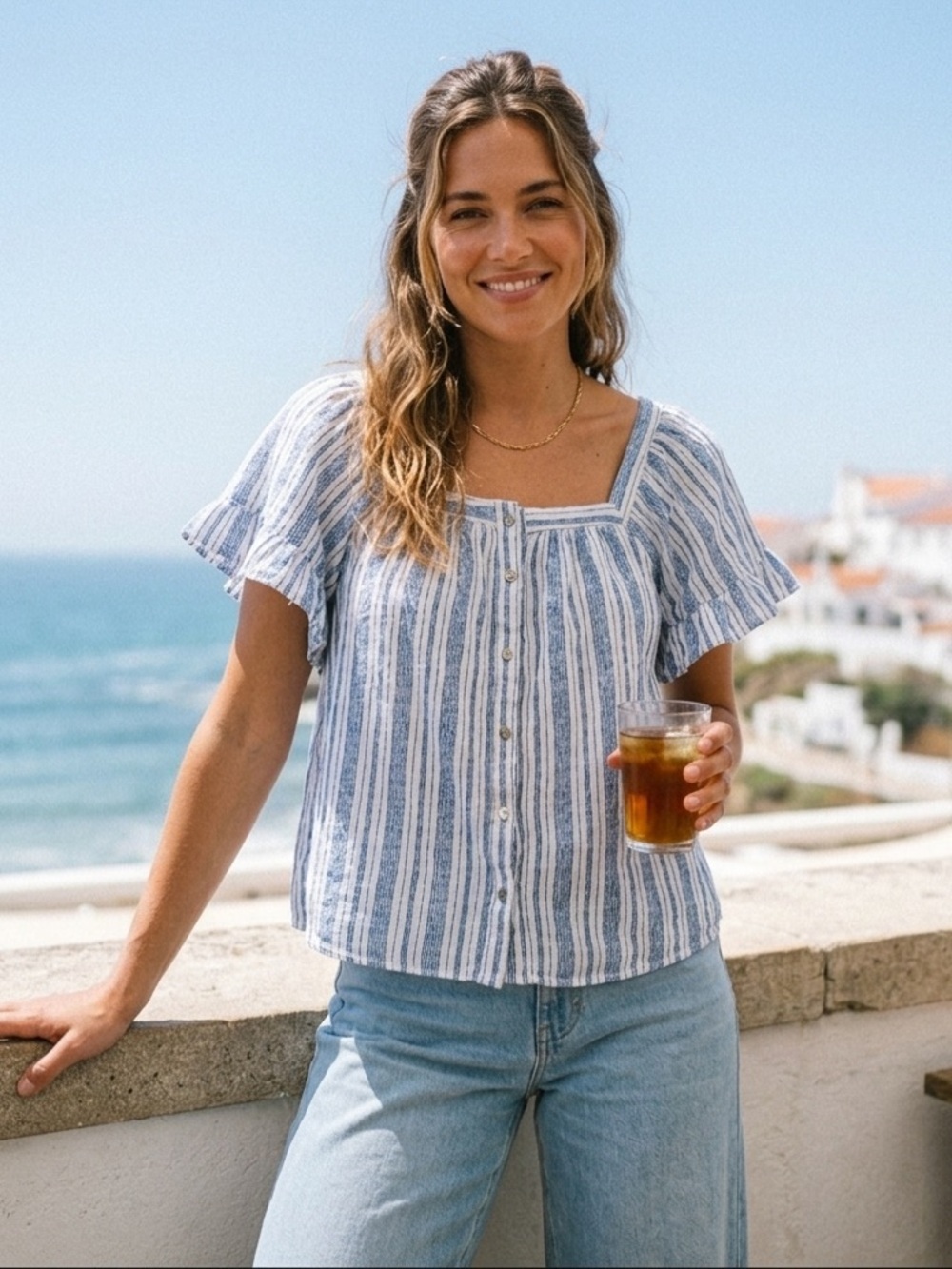 Adrienne Vittadini White and Blue Striped Top